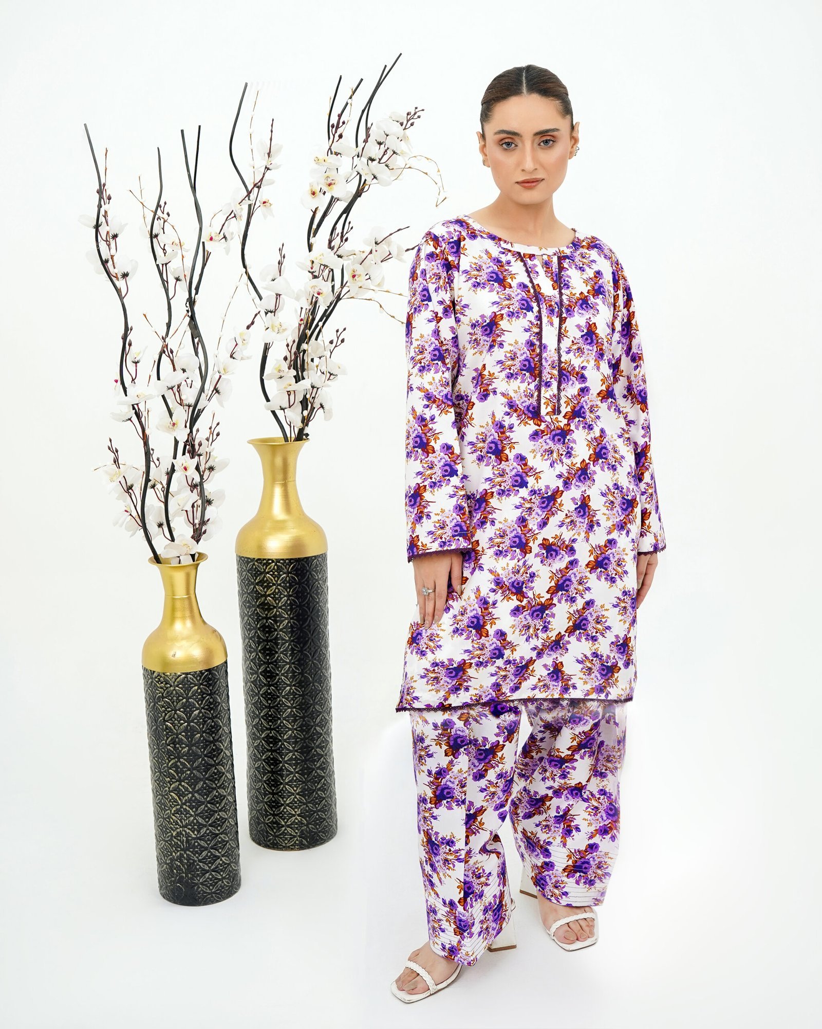 Plum and White Luxe Print 2-Piece Cotton Set - Image 3